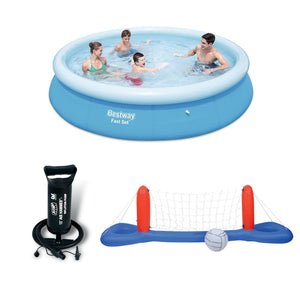 Bestway 10 Ft Fast Set Pool With Hand Pump & Volleyball / Basketball Set Bundle